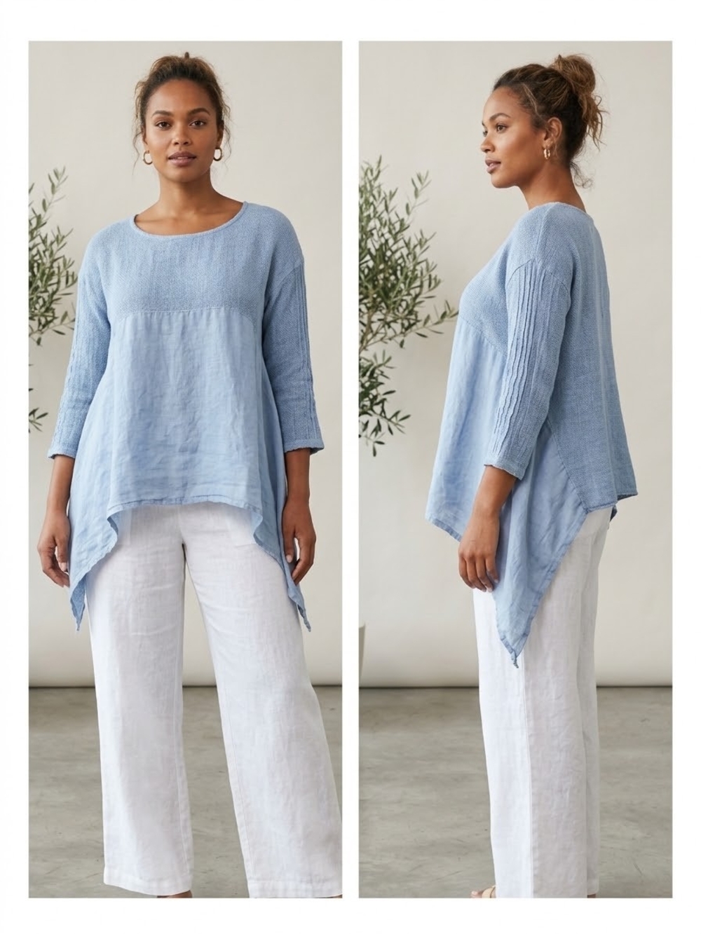 Relaxed Sky Blue Linen-Blend Handkerchief Hem Tunic